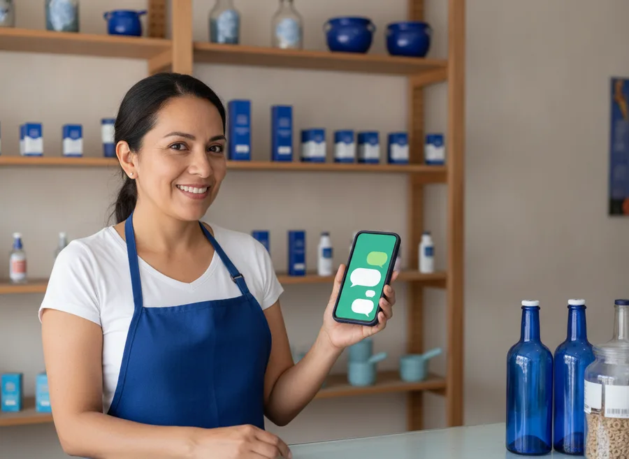 La duena de una tienda mexicana sonrie al leer en su telefono los mensajes de WhatsApp que le llegaron desde su anuncio