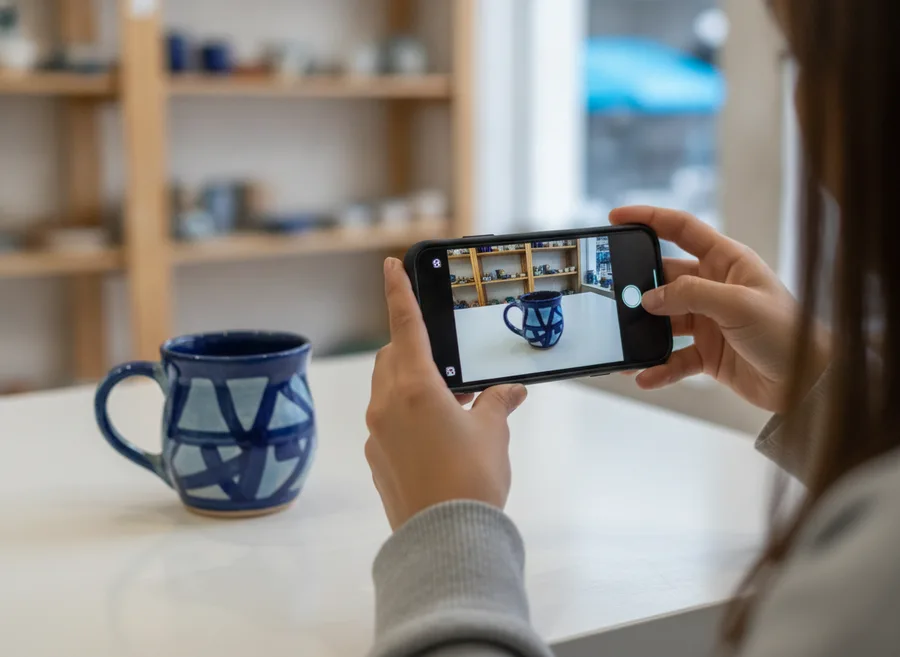 Una vendedora fotografia con su telefono una taza de ceramica artesanal sobre el mostrador de su tienda